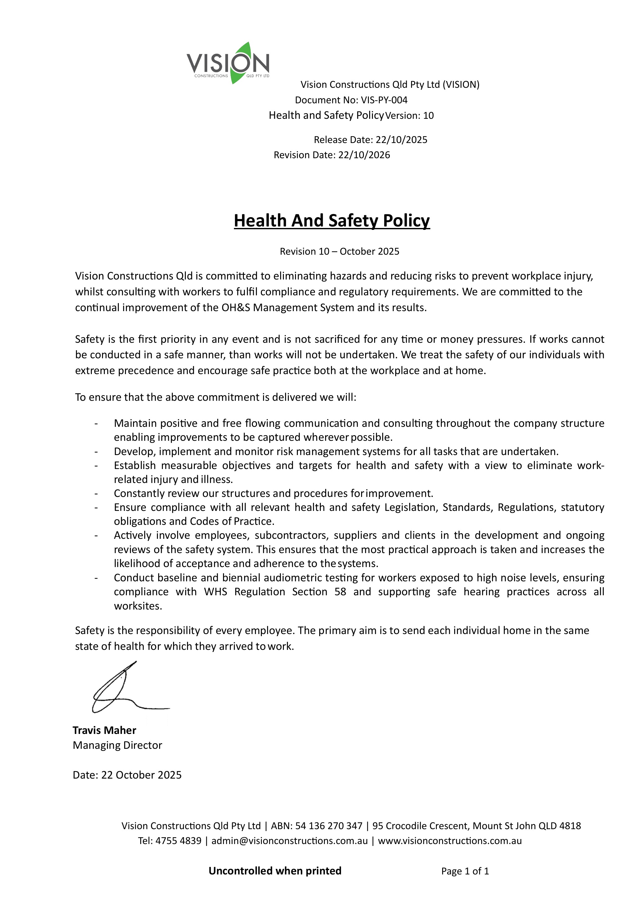 Vision Health and Safety Policy preview